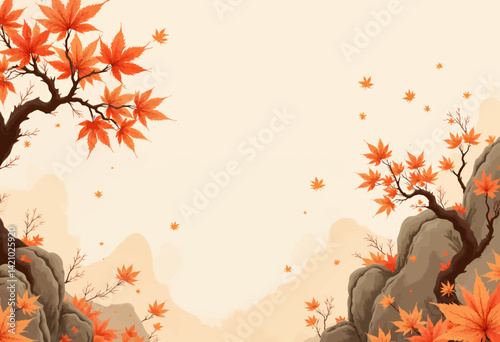 Autumn Maple Leaves on Rocky Outcrops Beige Backdrop