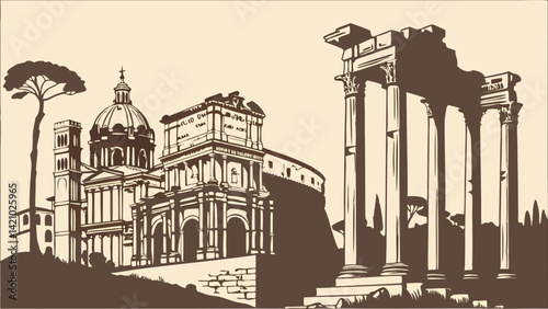 Vintage Sepia Sketch Illustration of Ancient Roman Temple Ruins Columns and Dome Church in Rome Italy