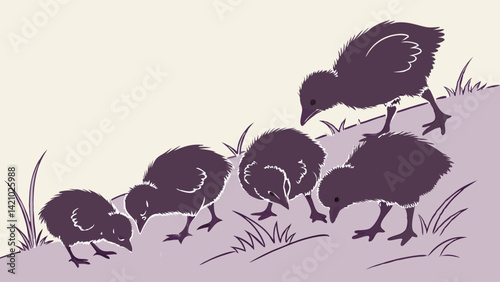 Cute Baby Chicks Pecking Ground Silhouette Vector Animal Nature Art Design