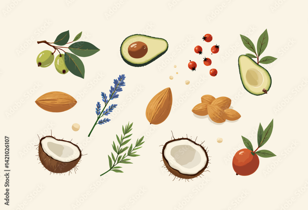 Assorted Nuts, Fruits, and Botanical Elements Illustration Assorted Nuts, Fruits, and Botanical Elements Illustration