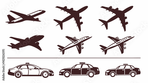 Set of Airplane Aircraft and Taxi Cab Silhouettes Vector Icons for Travel Transportation and Aviation Design