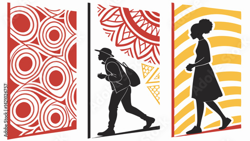 Graphic art illustration three panels walking silhouettes bold cultural patterns red white yellow