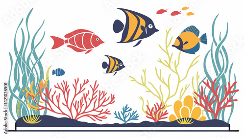 Vibrant Flat Illustration of a Colorful Aquarium Scene with Tropical Fish, Red Coral, Green Seaweed, and Blue Gravel