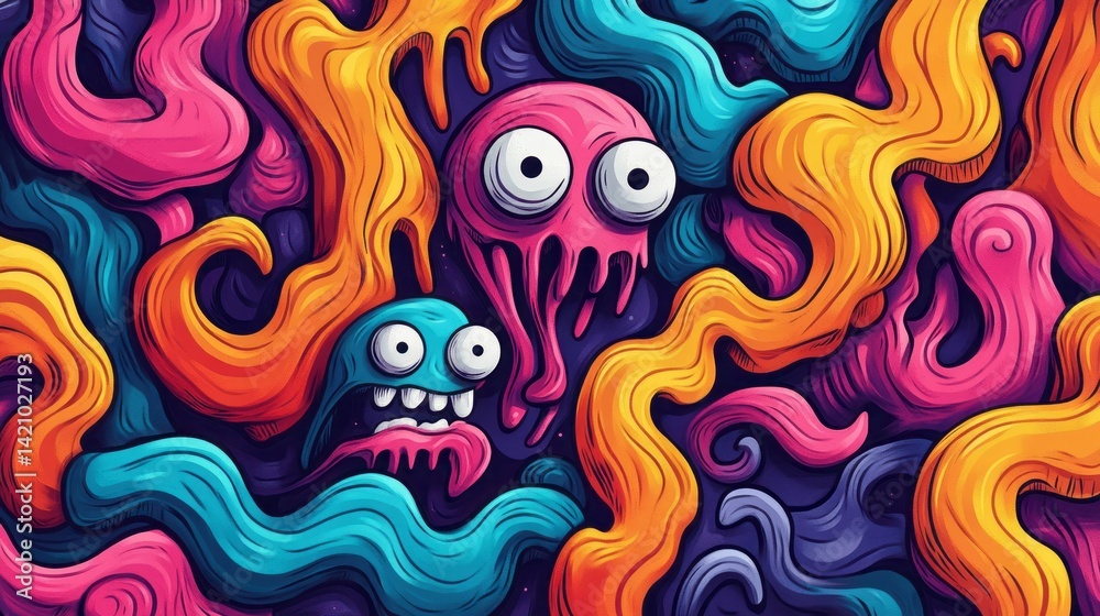 Colorful cartoon monsters tangle in an abstract background pattern Colorful cartoon monsters tangle in an abstract background pattern