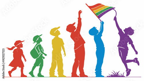 Colorful Kids Silhouette Playing with Kite Illustration
