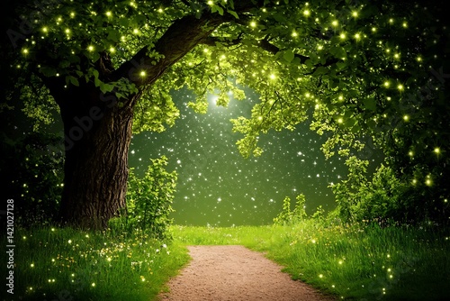 Enchanting night path beneath a luminous tree canopy. photo