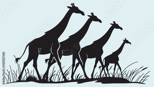 Black Silhouette Art of Family of Four Giraffes Walking Through African Savanna Grass