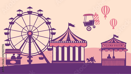 Flat design illustration of a lively carnival fair scene with Ferris wheel, tents, booths, people, and hot air balloons