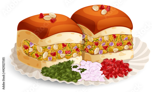 Indian Street Snack Kutchi Dabeli Served on Paper Plate with Coriander, Chopped Onions and Pomegranate Arils. Authentic Gujarati Sandwich Detailed Art