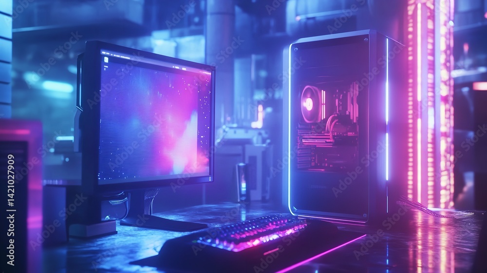 Neon gaming setup pc computer keyboard monitor streaming workstation technology esports rgb rig Neon gaming setup pc computer keyboard monitor streaming workstation technology esports rgb rig