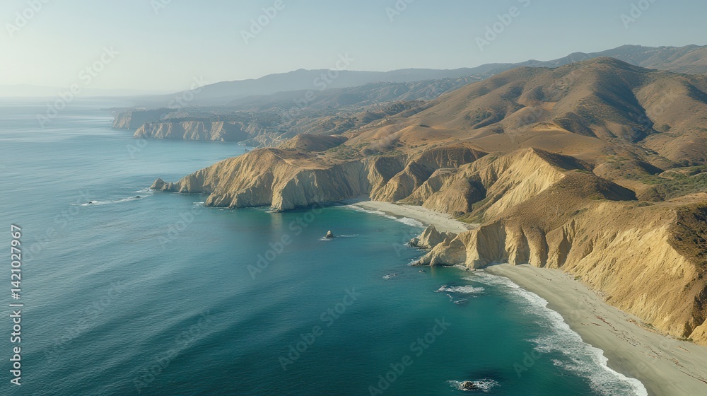 Fototapeta premium Aerial view Coastal cliffs, ocean waves, beach, mountains
