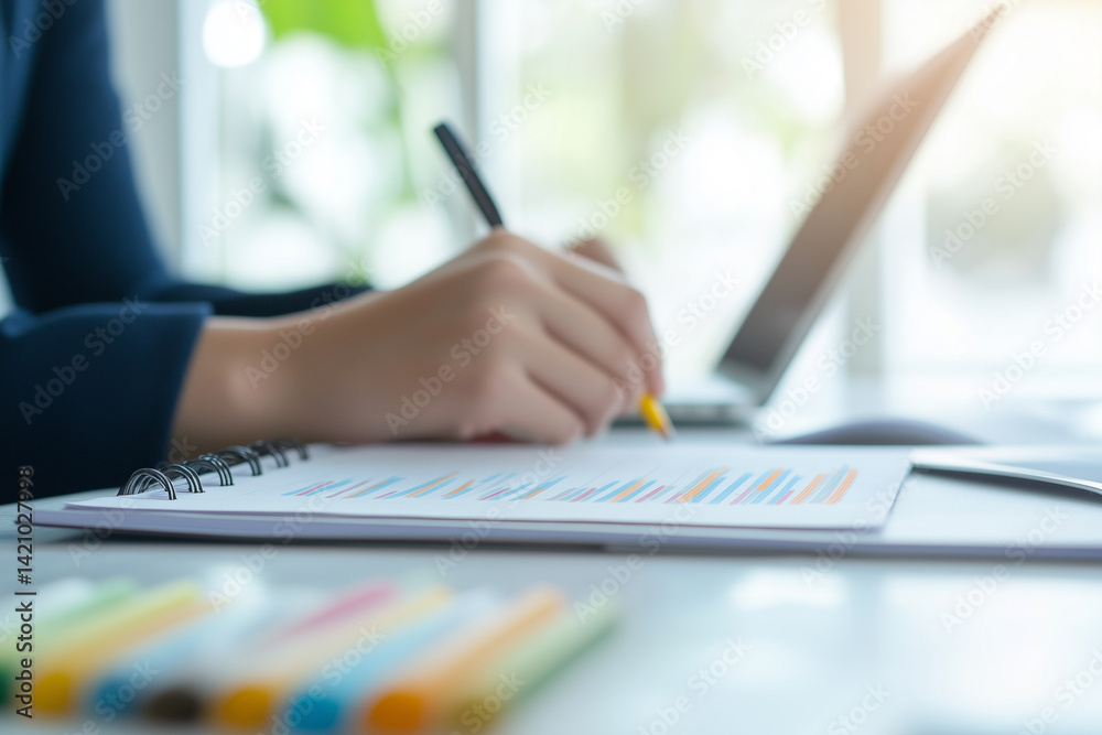 Businesswoman analyzing data and writing on report at desk Businesswoman analyzing data and writing on report at desk