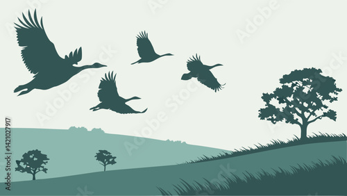 Cranes Flying Silhouette Over Hilly Landscape with Trees Minimalist Nature Illustration