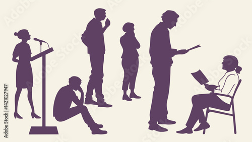 Abstract purple silhouettes of diverse people engaged in communication, public speaking, reading, and thinking.