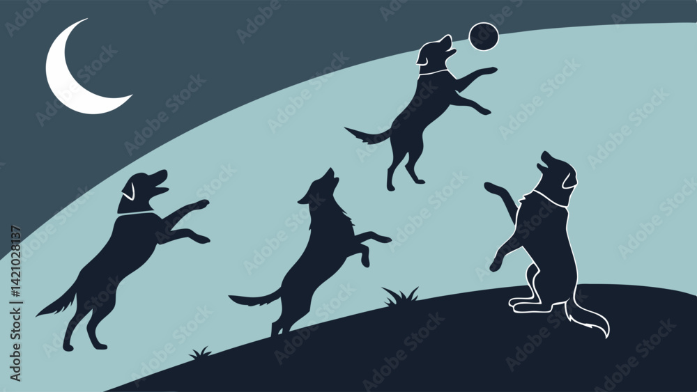 Naklejka premium Playful dark silhouette dogs jumping and catching a ball under a crescent moon at night on a grassy hill minimalist art