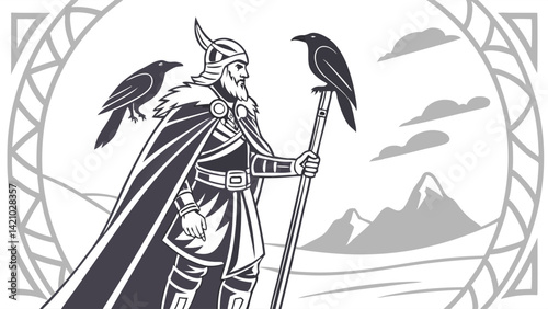 Black and White Illustration of Odin Norse God with Hugin and Munin Ravens in a Viking Mythology Art Style