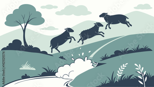 Dynamic Flat Illustration Three Sheep Jumping Over Stream Hilly Landscape Art