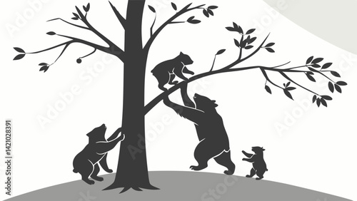 Cute Bear Cubs and Mother Climbing Tree Black and White Silhouette Art