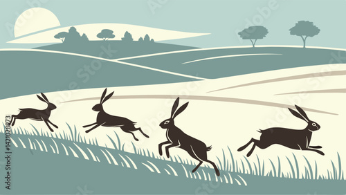 Vintage style illustration of four hares running through a grassy field with hills and trees