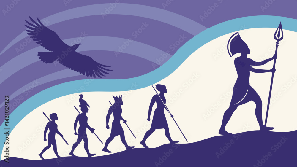 Uphill Evolution Journey Silhouette with Eagle Egyptian Style Leader Illustration Uphill Evolution Journey Silhouette with Eagle Egyptian Style Leader Illustration