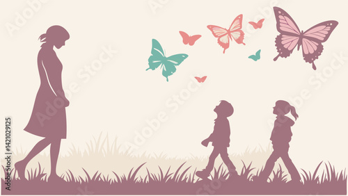 Silhouette of Mother and Children with Butterflies Vector Art Illustration