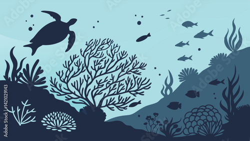 Underwater Silhouette Illustration of Sea Turtle Coral Reef and Fish Marine Life