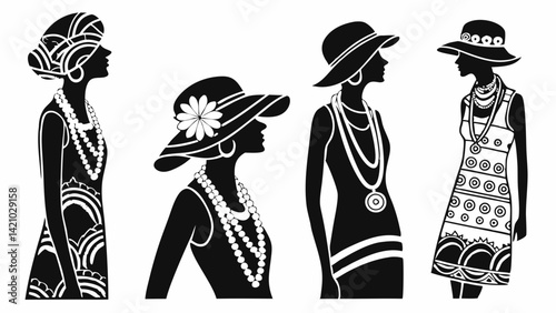 Black and White Vintage 1920s Flapper Women Silhouette Fashion Hats Necklaces Dresses Illustration