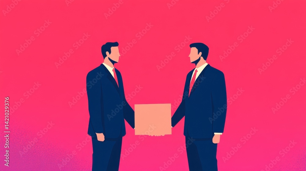 Fototapeta premium abstract illustration of two businessmen exchanging goods across a rising tax barrier, conflict in international trade