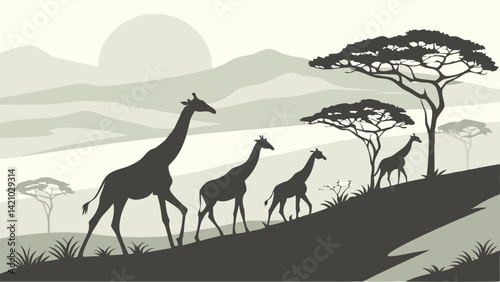 African Savanna Sunset Silhouette Landscape with Giraffe Herd Walking Uphill
