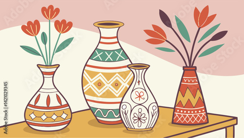 Illustrated Still Life of Colorful Decorative Vases with Flowers, Folk Art Ethnic Patterns, Home Decor Graphic Art on Table