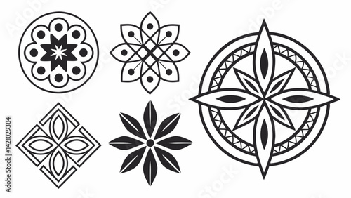 Black and White Geometric Floral Mandala Vector Ornaments Set