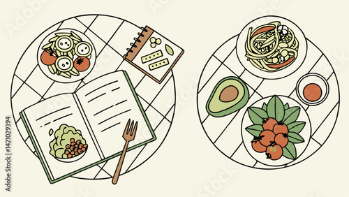 Simple Healthy Food Illustration: Cookbook, Recipes, Ingredients, Pasta, Salad, Avocado, Berries, Top View Line Art