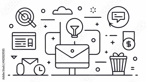 Digital marketing icon collection featuring editable vector designs suitable for SEO PPC social media and email marketing platforms in contemporary line art style