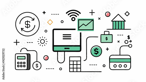 Clean line icons representing digital payments and online financial tools in a fully editable vector style ideal for fintech presentations and ecommerce designs