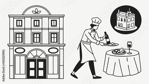Black and White Line Art Drawing of Restaurant Building and Chef Serving Food and Wine