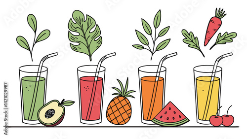 Colorful Hand Drawn Healthy Juices in Glasses Fresh Fruit Vegetable Sketch