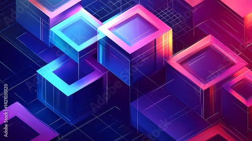 Abstract Neon Geometric Cubes Digital Art Background Design 3d pink blue vivid style shiny light    