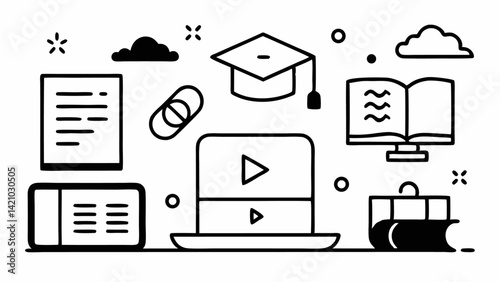 Vector e learning icon set in modern line art featuring educational elements perfect for tutoring platforms, learning management systems, and study apps
