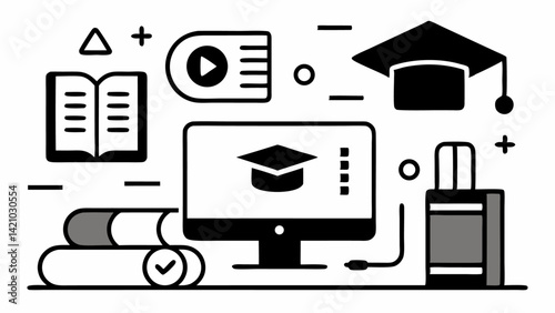 Customizable vector icons for e learning themes including study, teaching, online lessons, and training content designed in a clear line based editable format