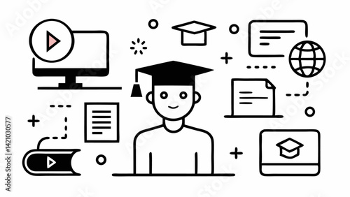 E learning icon collection with line editable graphics tailored for educational websites, online courses, and digital learning experiences for students and teachers