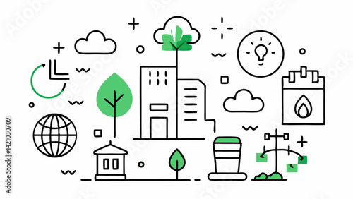 Line editable eco city icons promoting environmental sustainability, urban greenery, and clean living suitable for ecological infographics and planning visuals
