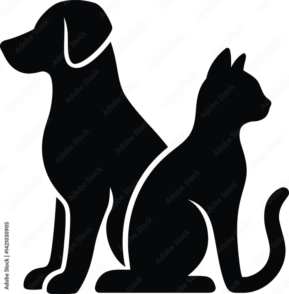 Obraz premium Minimalist Black Silhouette of a Dog and Cat Sitting Side by Side – Pet Companion Vector Illustration on Transparent Background for Veterinary, Animal Welfare, and Logo Design Projects