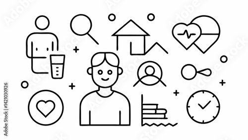 Editable line icon collection illustrating elderly lifestyle and care-related symbols useful for senior living websites, healthcare platforms, and wellness guides