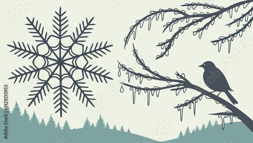 Illustrated Winter Scene Snowflake Bird Silhouette on Icy Branch and Forest