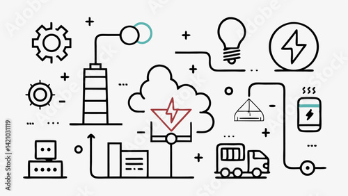 Editable electricity icon collection for digital designs focused on renewable energy, home power solutions, and electric infrastructure