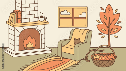 Simple Cozy Autumn Room Illustration with Fireplace, Cat on Armchair, Fall Tree, and Apple Basket