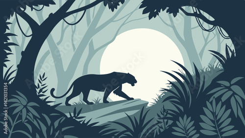 Black Panther Silhouette Walking In Tropical Jungle At Night With Moon Flat Illustration