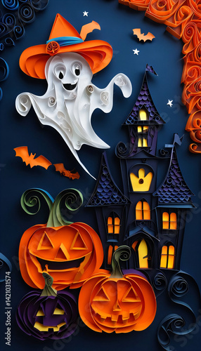 Whimsical Paper Quilling Art Featuring Playful Halloween Characters and Decorations photo
