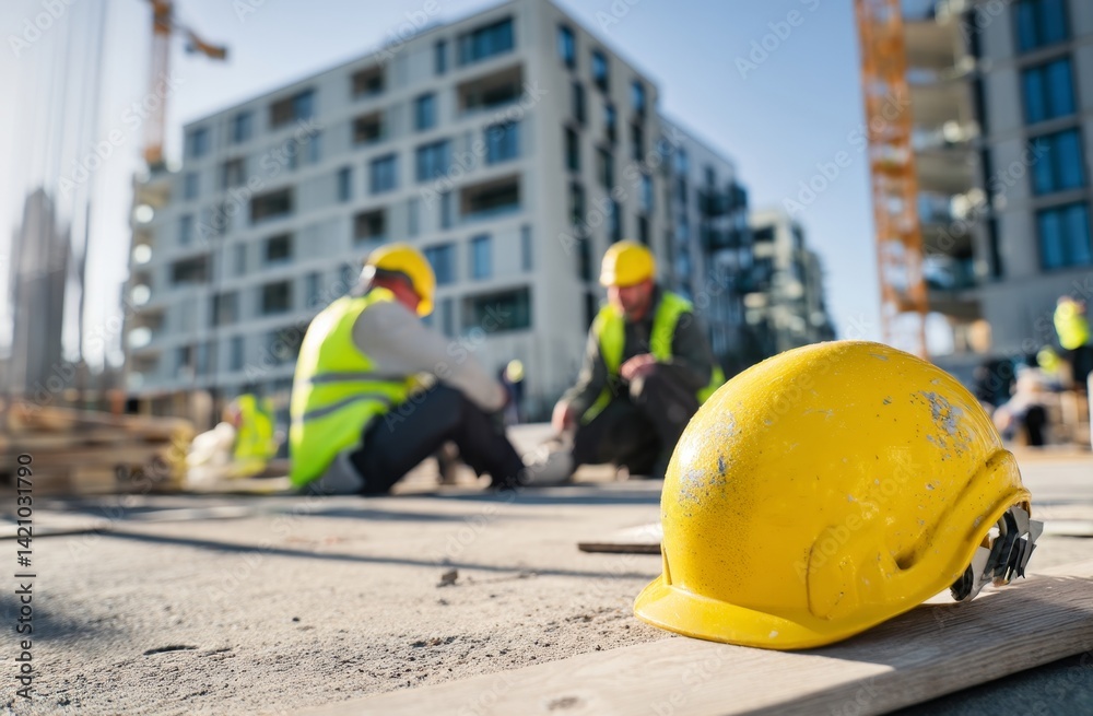Construction Workers Resting During Building Project Near New Apartments Construction Workers Resting During Building Project Near New Apartments