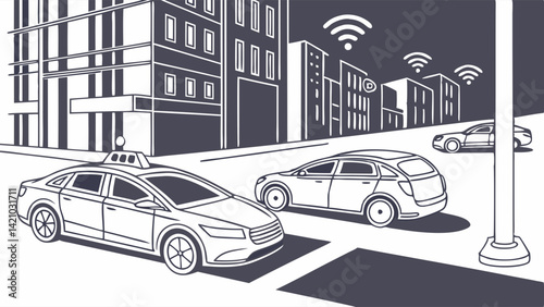 Black and white line art illustration of autonomous vehicles and a self-driving taxi in a connected smart city street scene